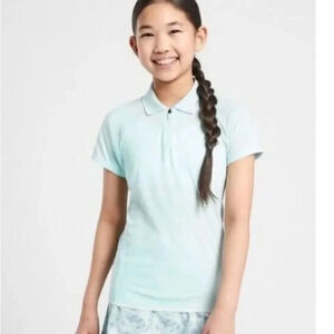 Athleta Girl Oasis Blue Power Up Active 1/4 Short Sleeve Zip Polo Shirt XL 14